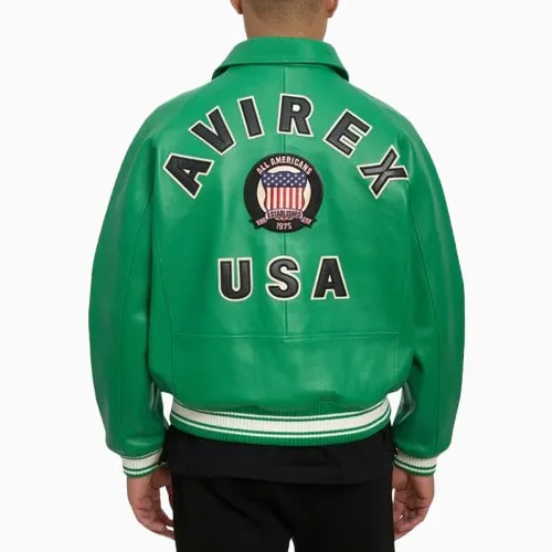 Men’s Avirex Real Leather Jacket Green Flight Bomber American Varsity