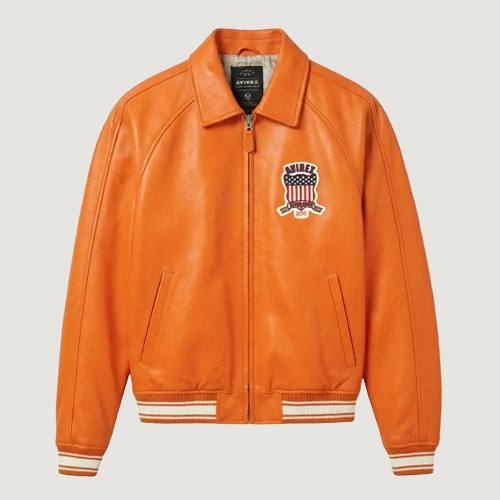 Men’s Avirex Real Leather Jacket Orange Flight Bomber American Varsity