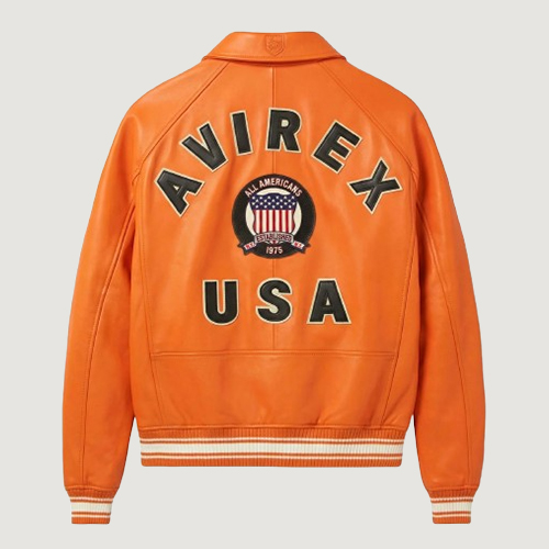 Men’s Avirex Real Leather Jacket Orange Flight Bomber American Varsity 2