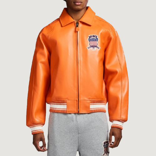 Men’s Avirex Real Leather Jacket Orange Flight Bomber American Varsity