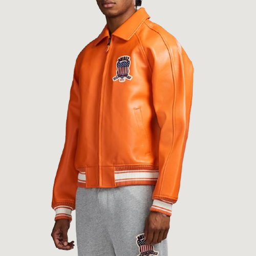 Men’s Avirex Real Leather Jacket Orange Flight Bomber American Varsity