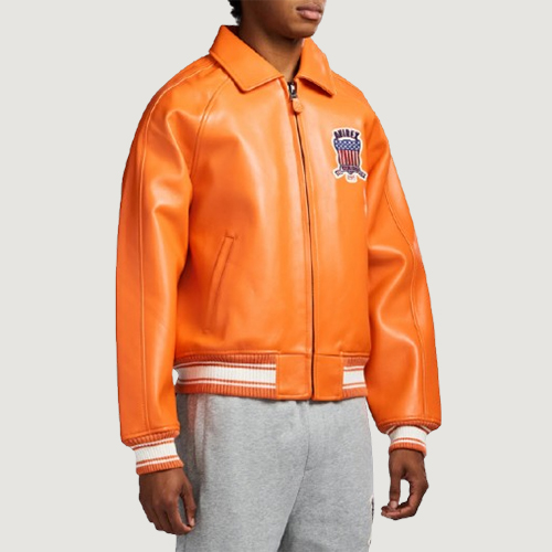 Men’s Avirex Real Leather Jacket Orange Flight Bomber American Varsity