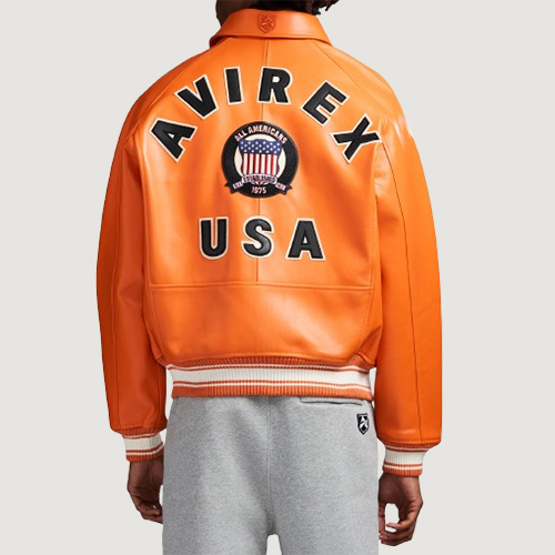 Men’s Avirex Real Leather Jacket Orange Flight Bomber American Varsity