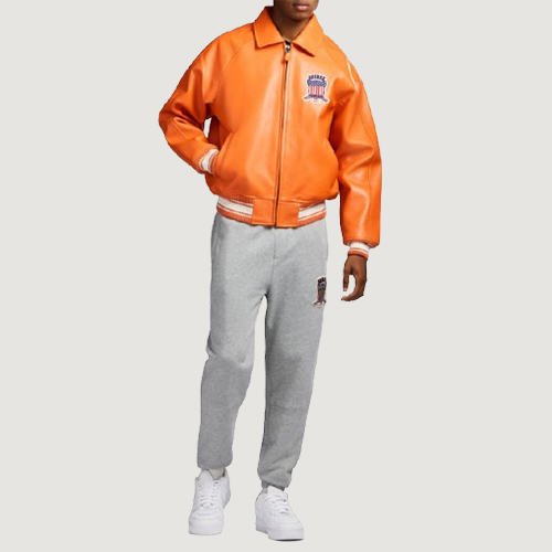 Men’s Avirex Real Leather Jacket Orange Flight Bomber American Varsity