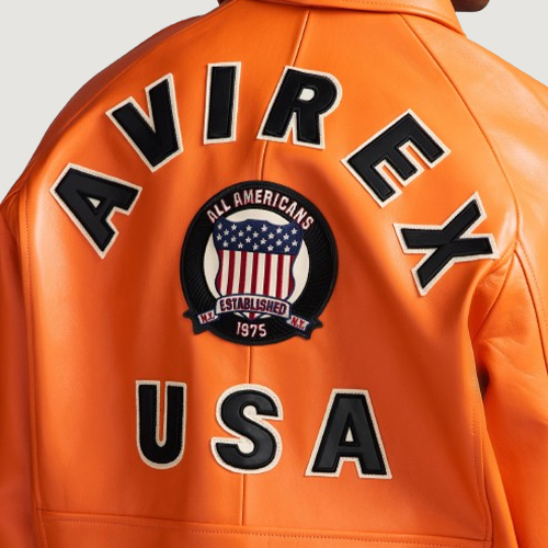 Men’s Avirex Real Leather Jacket Orange Flight Bomber American Varsity