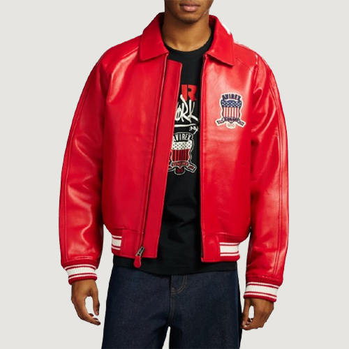 Men’s Avirex Real Leather Jacket Salvage Red Flight Bomber American Varsity