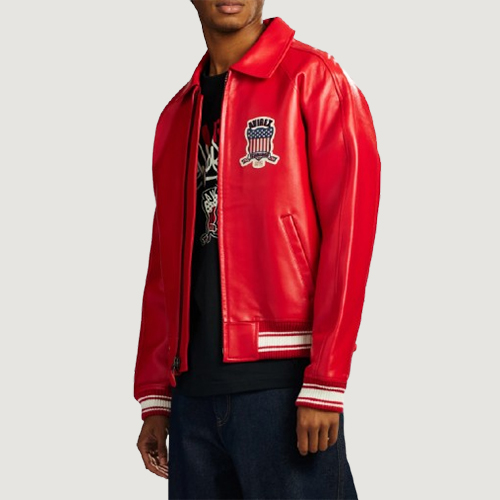 Men’s Avirex Real Leather Jacket Salvage Red Flight Bomber American Varsity
