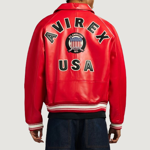 Men’s Avirex Real Leather Jacket Salvage Red Flight Bomber American Varsity