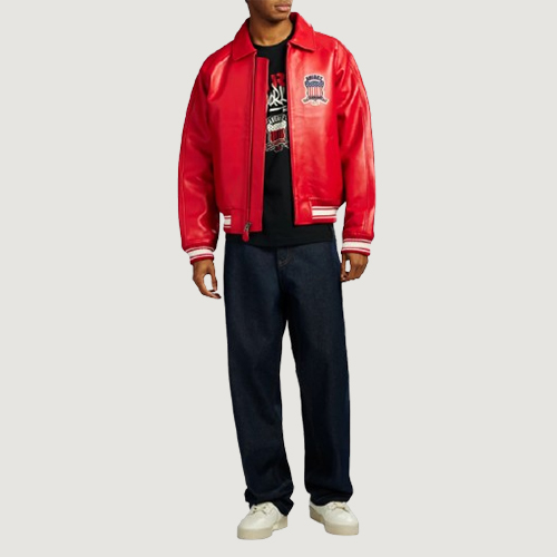 Men’s Avirex Real Leather Jacket Salvage Red Flight Bomber American Varsity