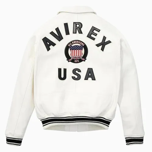 Men’s Avirex Real Leather Jacket White Flight Bomber American Varsity 2