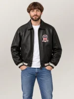 Men's Avirex Real Leather Jacket Black Flight Bomber American Varsity