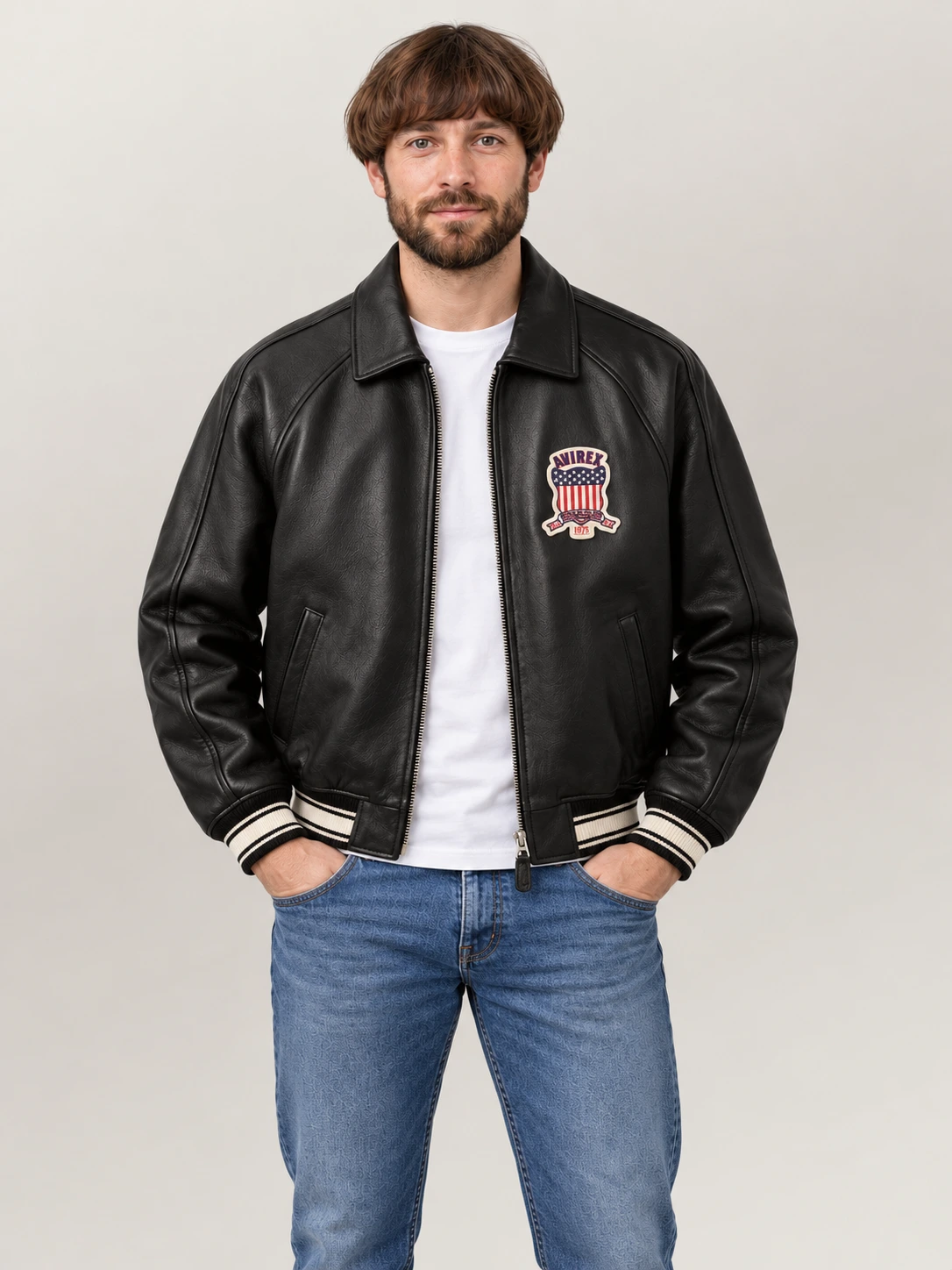 Men's Avirex Real Leather Jacket Black Flight Bomber American Varsity