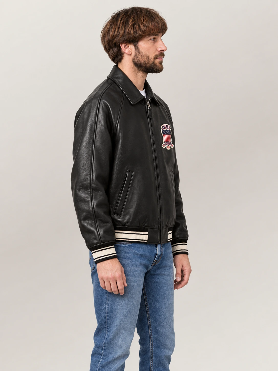 Men's Avirex Real Leather Jacket Black Flight Bomber American Varsity