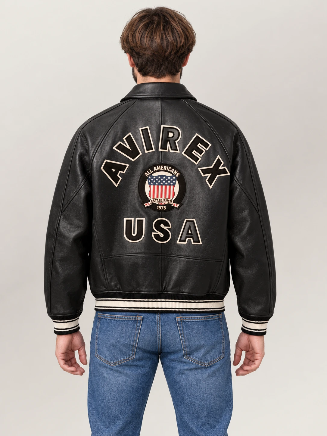 Men's Avirex Real Leather Jacket Black Flight Bomber American Varsity