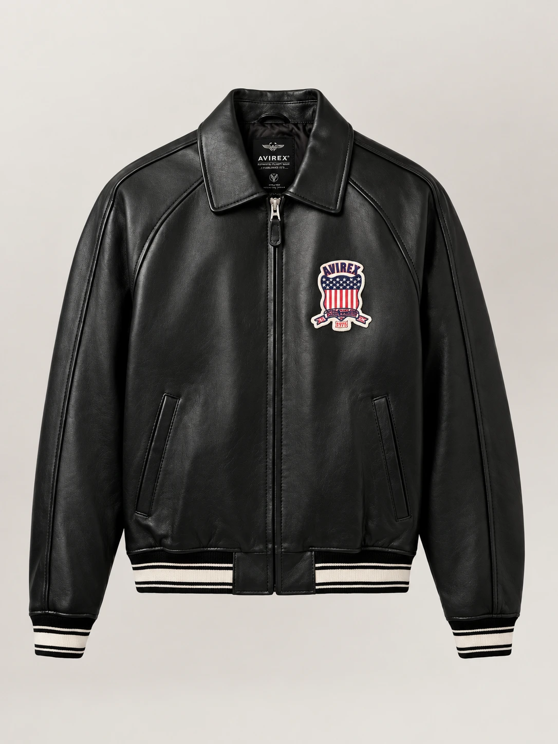 Men's Avirex Real Leather Jacket Black Flight Bomber American Varsity