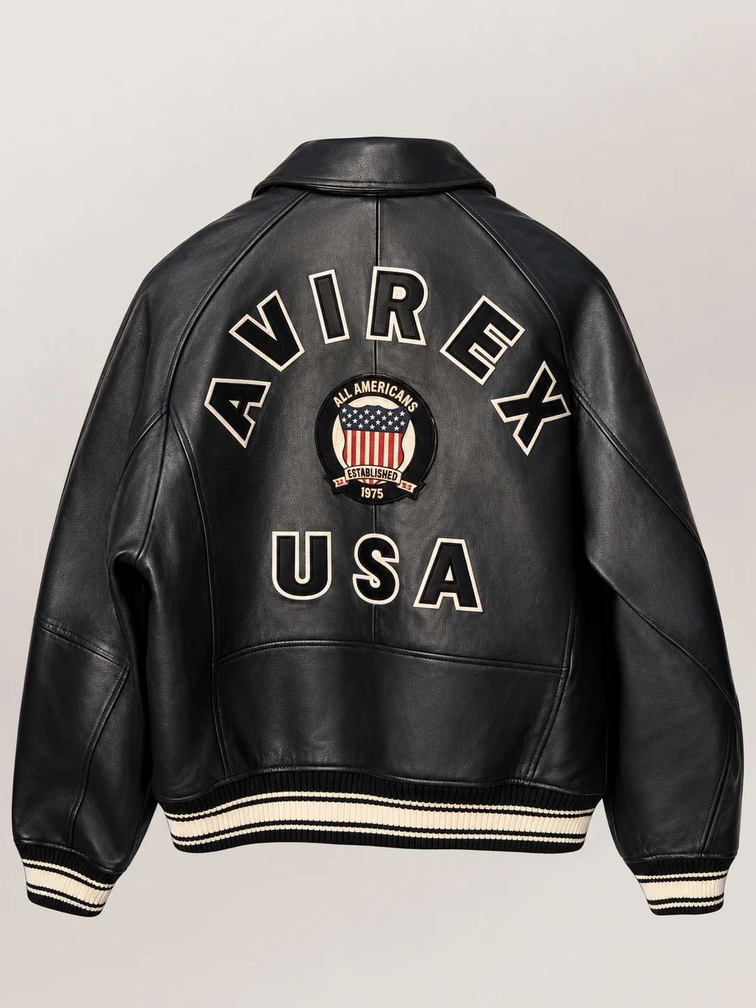 Men's Avirex Real Leather Jacket Black Flight Bomber American Varsity