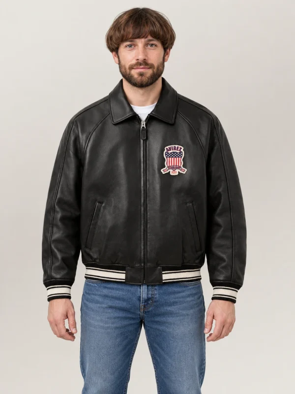 Men's Avirex Real Leather Jacket Black Flight Bomber American Varsity