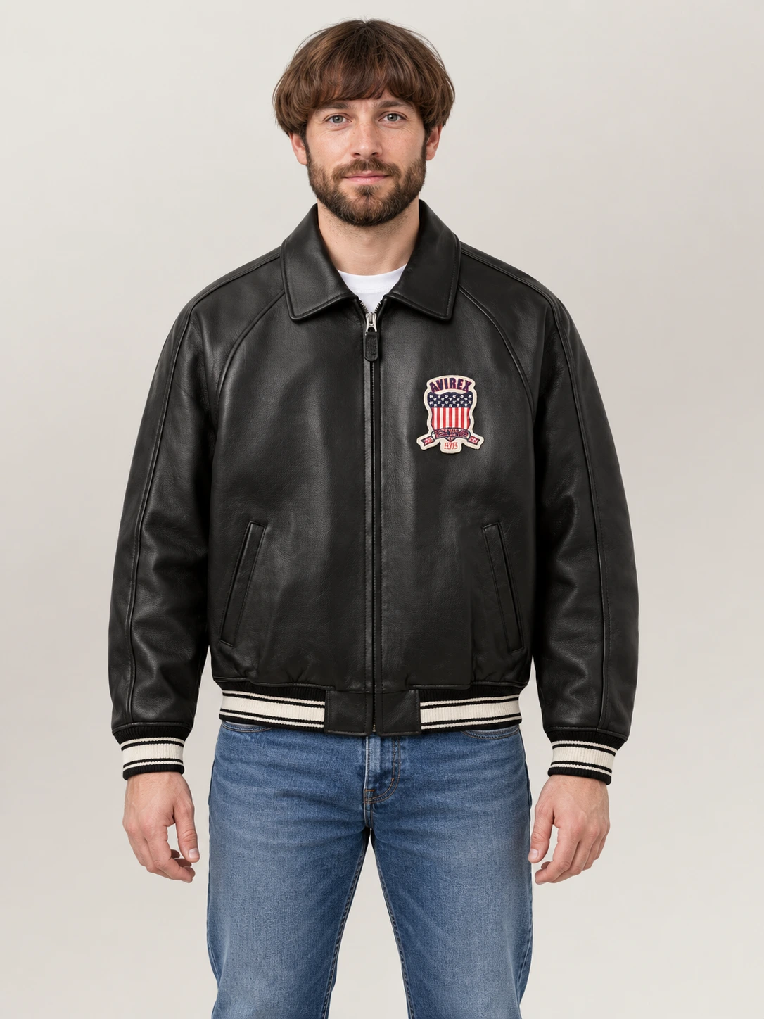 Men's Avirex Real Leather Jacket Black Flight Bomber American Varsity
