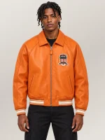 Men’s Avirex Real Leather Jacket Orange Flight Bomber American Varsity