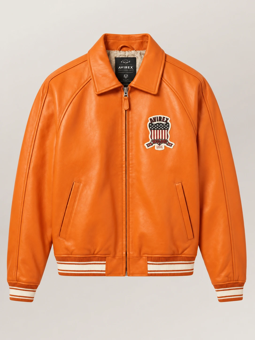 Men’s Avirex Real Leather Jacket Orange Flight Bomber American Varsity