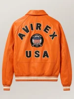 Men’s Avirex Real Leather Jacket Orange Flight Bomber American Varsity