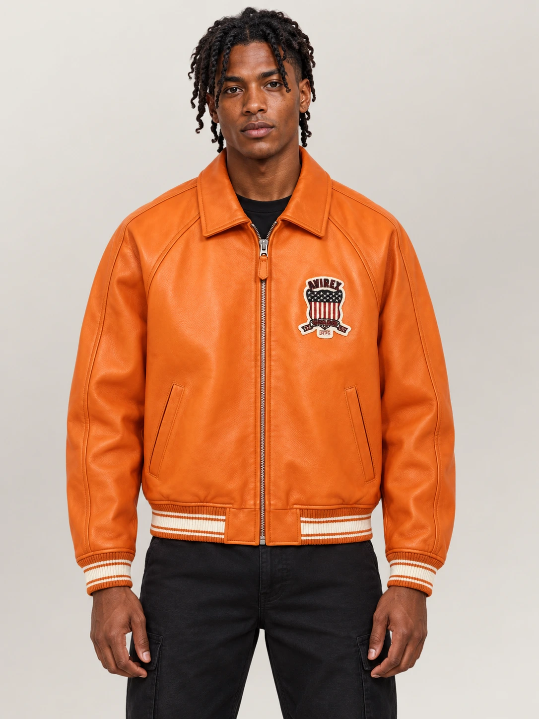 Men’s Avirex Real Leather Jacket Orange Flight Bomber American Varsity