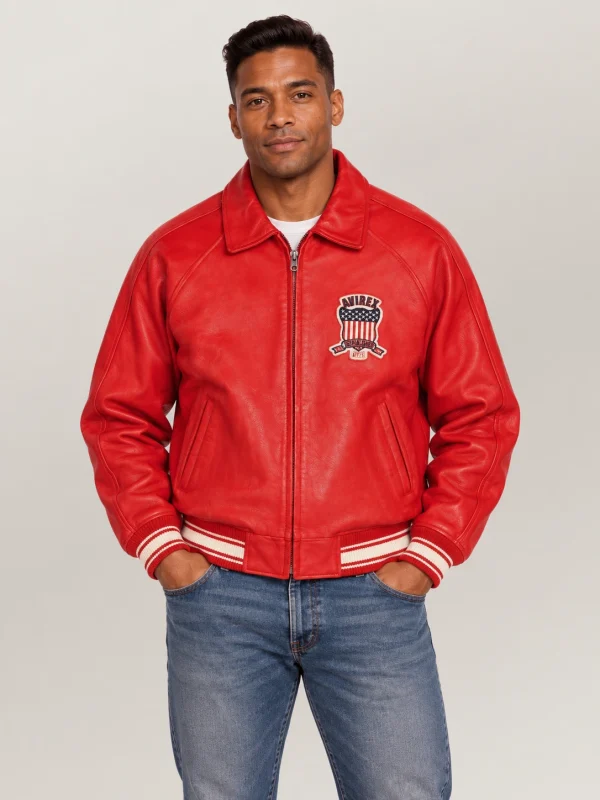 Men’s Avirex Real Leather Jacket Salvage Red Flight Bomber American Varsity