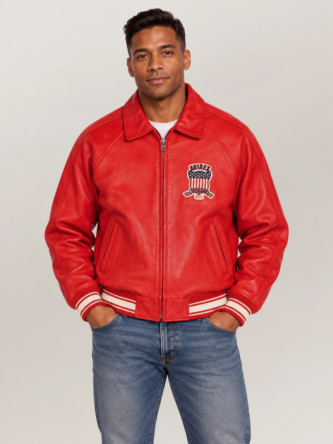 Men’s Avirex Real Leather Jacket Salvage Red Flight Bomber American Varsity