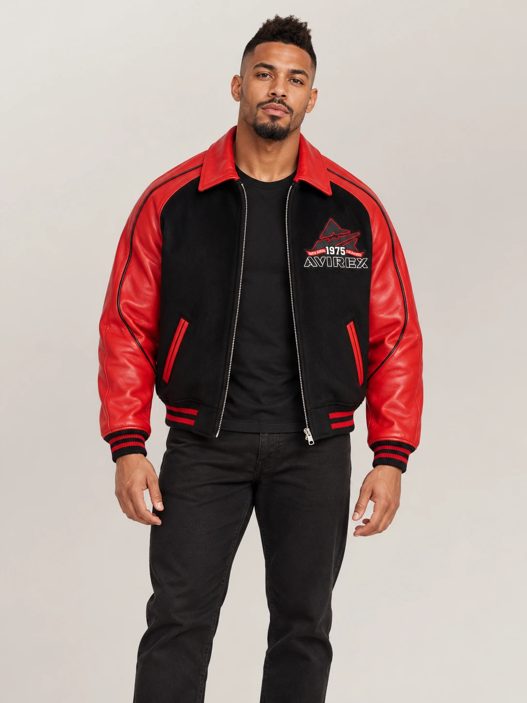 Men's Avirex Classic Wool Black & Red Leather Varsity Jacket