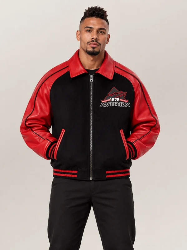 Men's Avirex Classic Wool Black & Red Leather Varsity Jacket