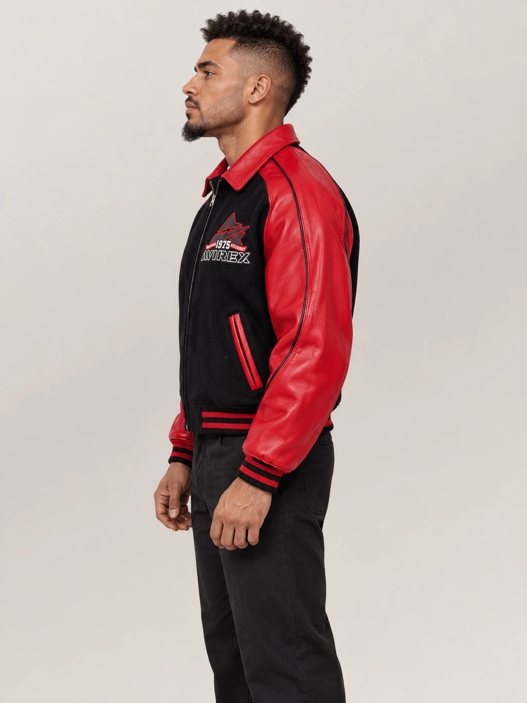 Men's Avirex Classic Wool Black & Red Leather Varsity Jacket