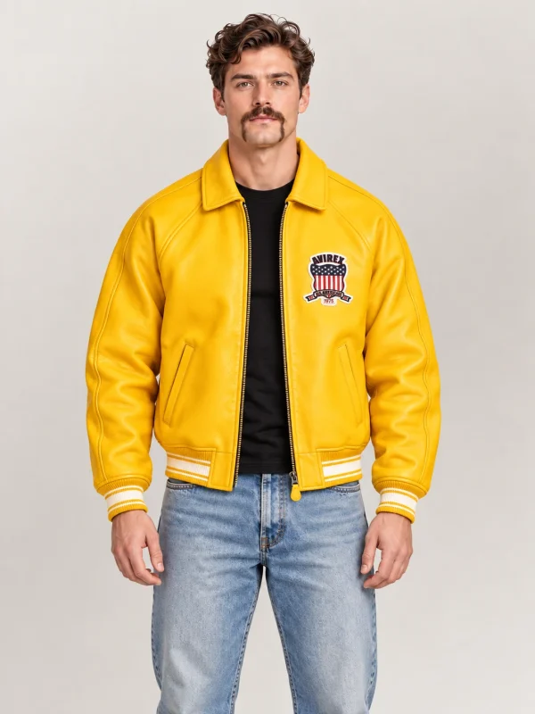 Men’s Avirex Real Leather Jacket Mustard Flight Bomber American Varsity