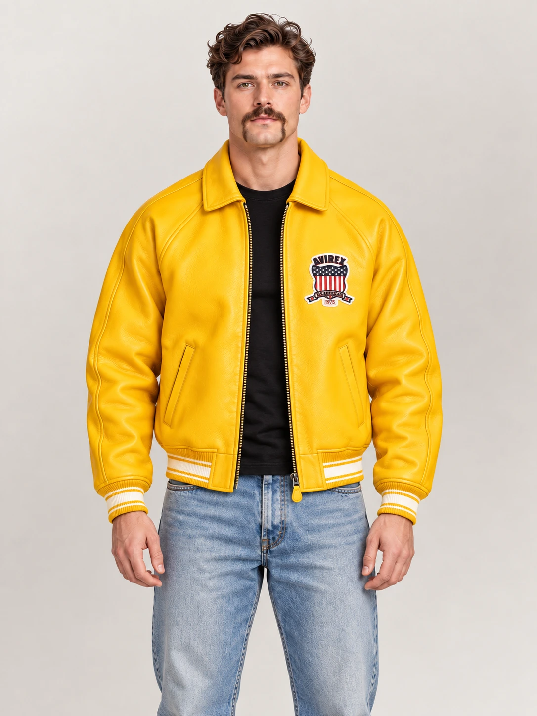 Men’s Avirex Real Leather Jacket Mustard Flight Bomber American Varsity