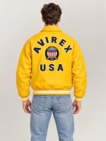 Men’s Avirex Real Leather Jacket Mustard Flight Bomber American Varsity
