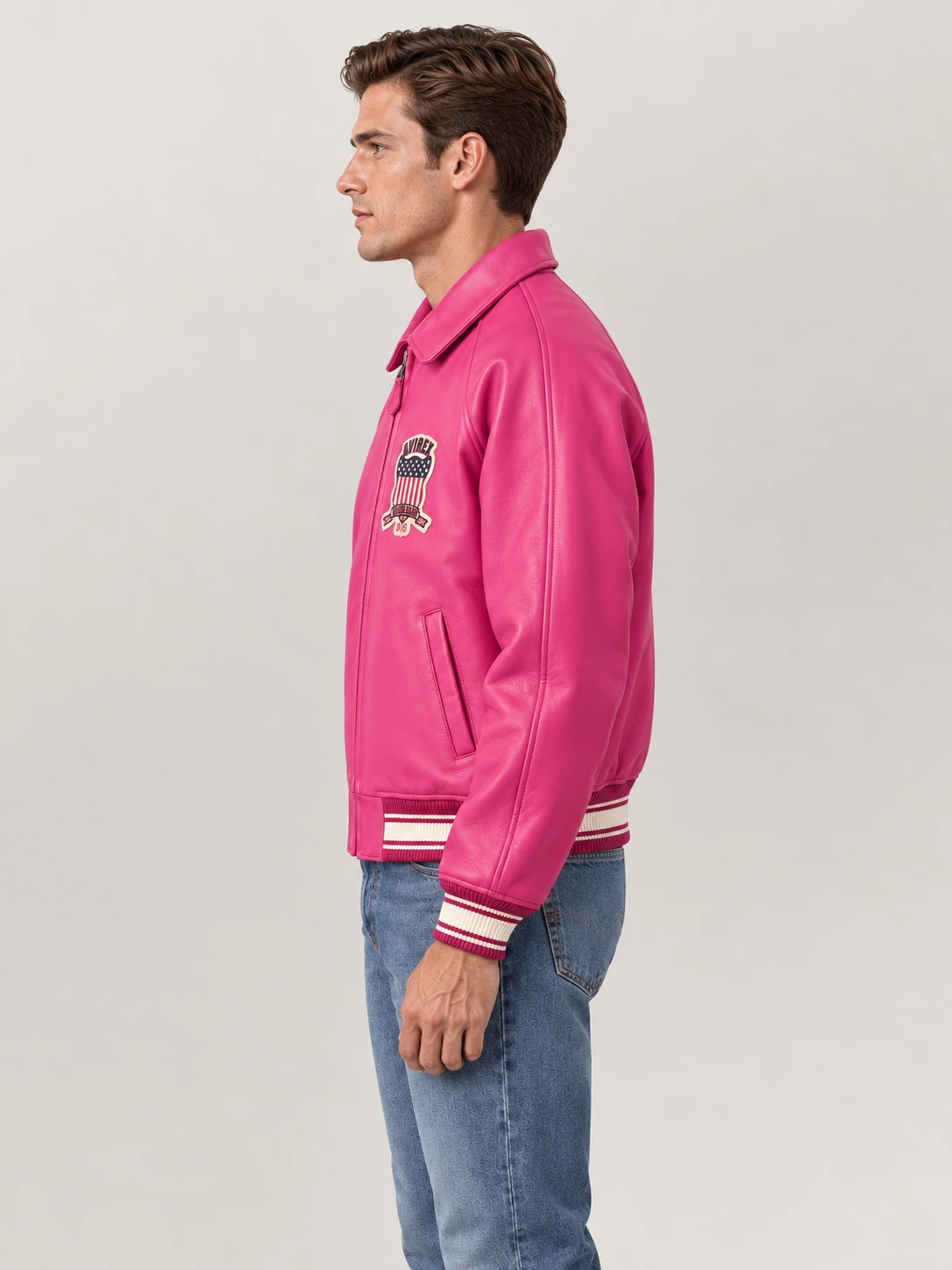 Men’s Avirex Real Leather Jacket Berry Flight Bomber American Varsity