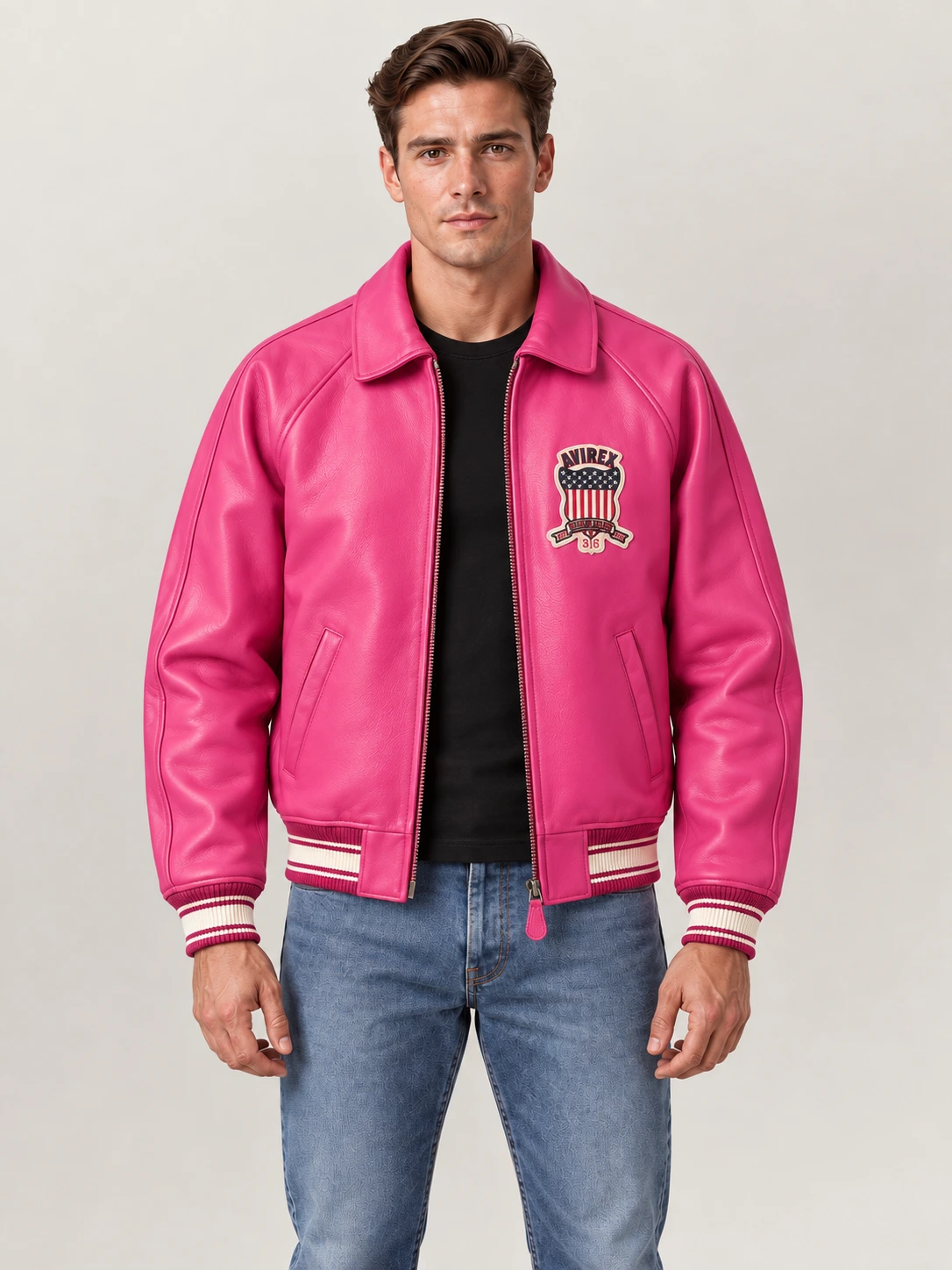 Men’s Avirex Real Leather Jacket Berry Flight Bomber American Varsity