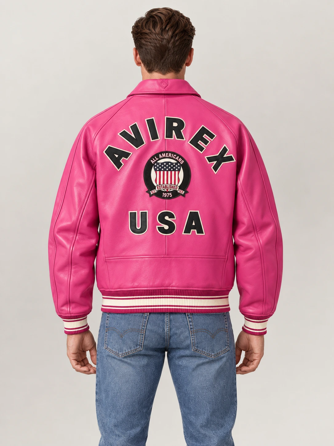 Men’s Avirex Real Leather Jacket Berry Flight Bomber American Varsity
