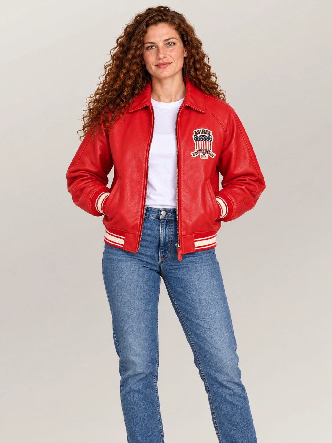 Women’s Avirex Cropped Icon Red Bomber Jacket
