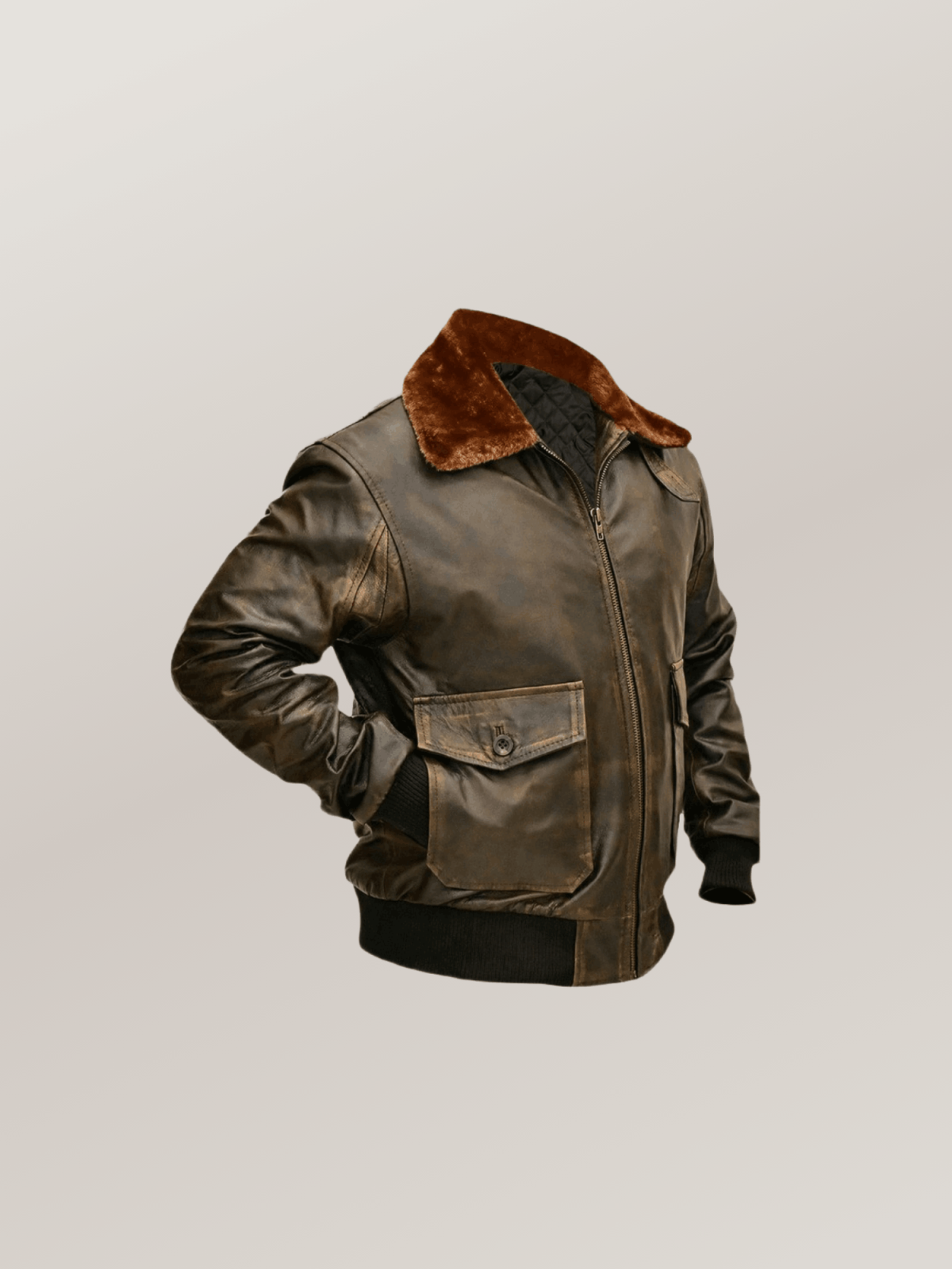 Men’s Brown Cowhide Leather Bomber Jacket Aviator Style Fur Collar