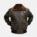 Men’s Brown Cowhide Leather Bomber Jacket Aviator Style Fur Collar