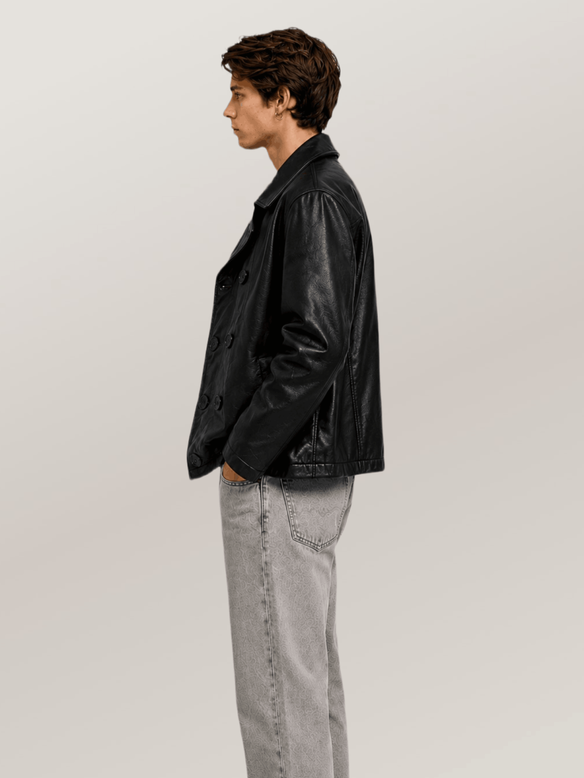 Men's Black Naval Short Leather Peacoat
