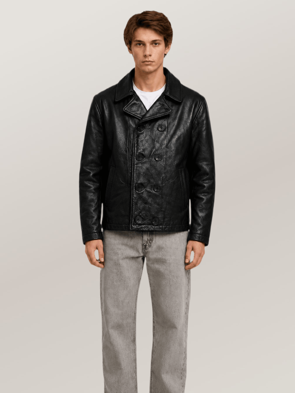 Men's Black Naval Short Leather Peacoat