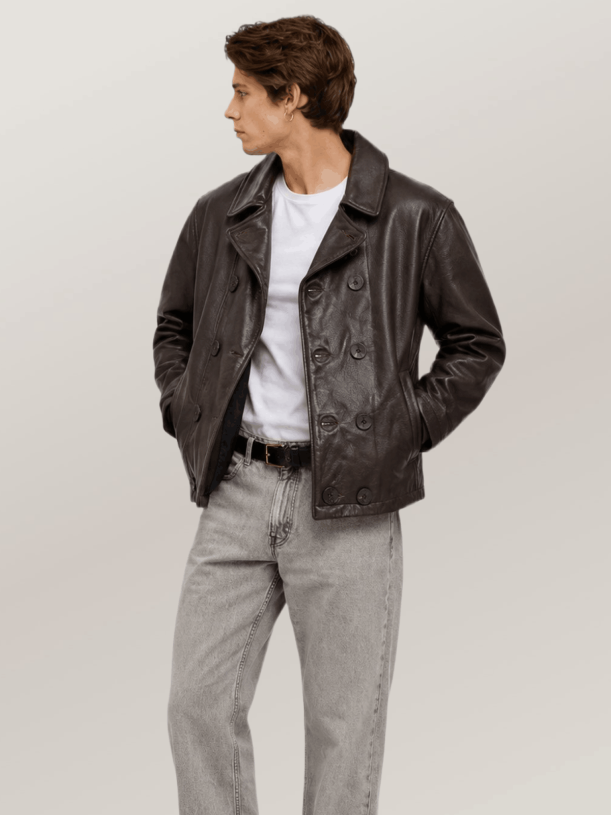 Men's Brown Naval Short Leather Peacoat