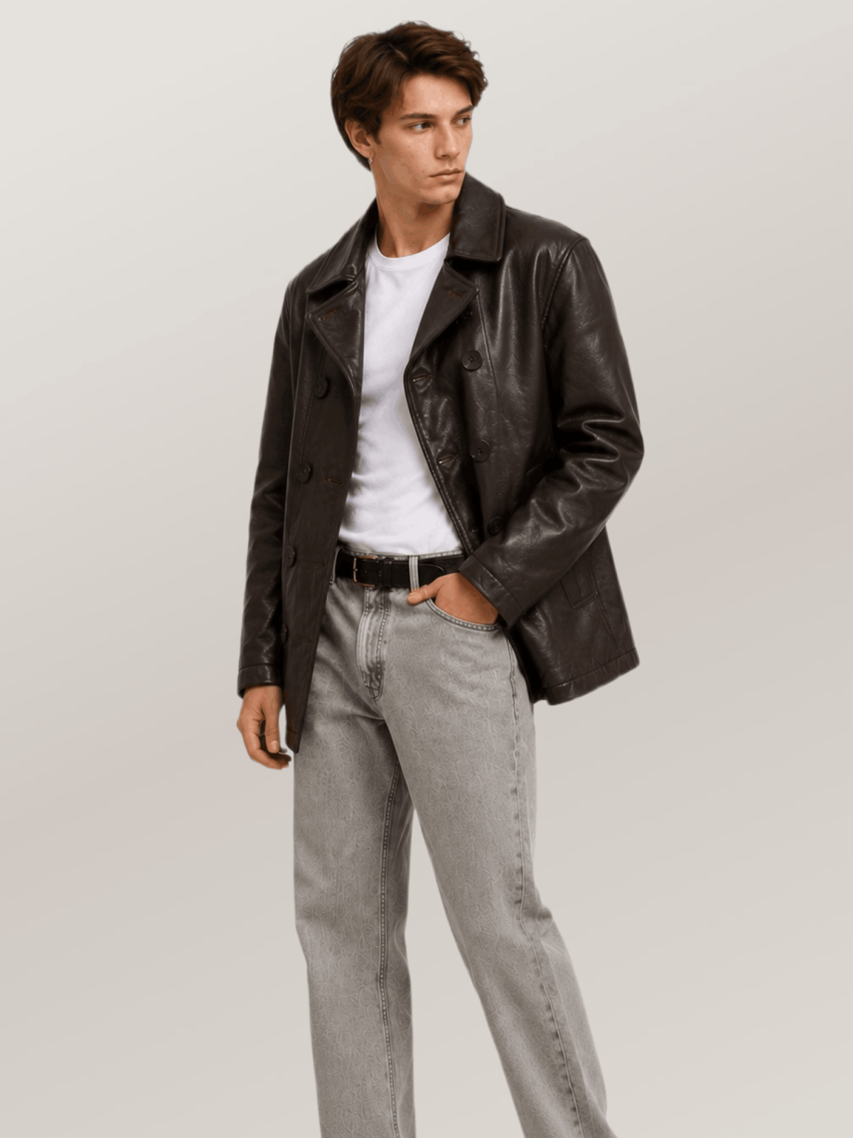 Men's Brown Naval Short Leather Peacoat