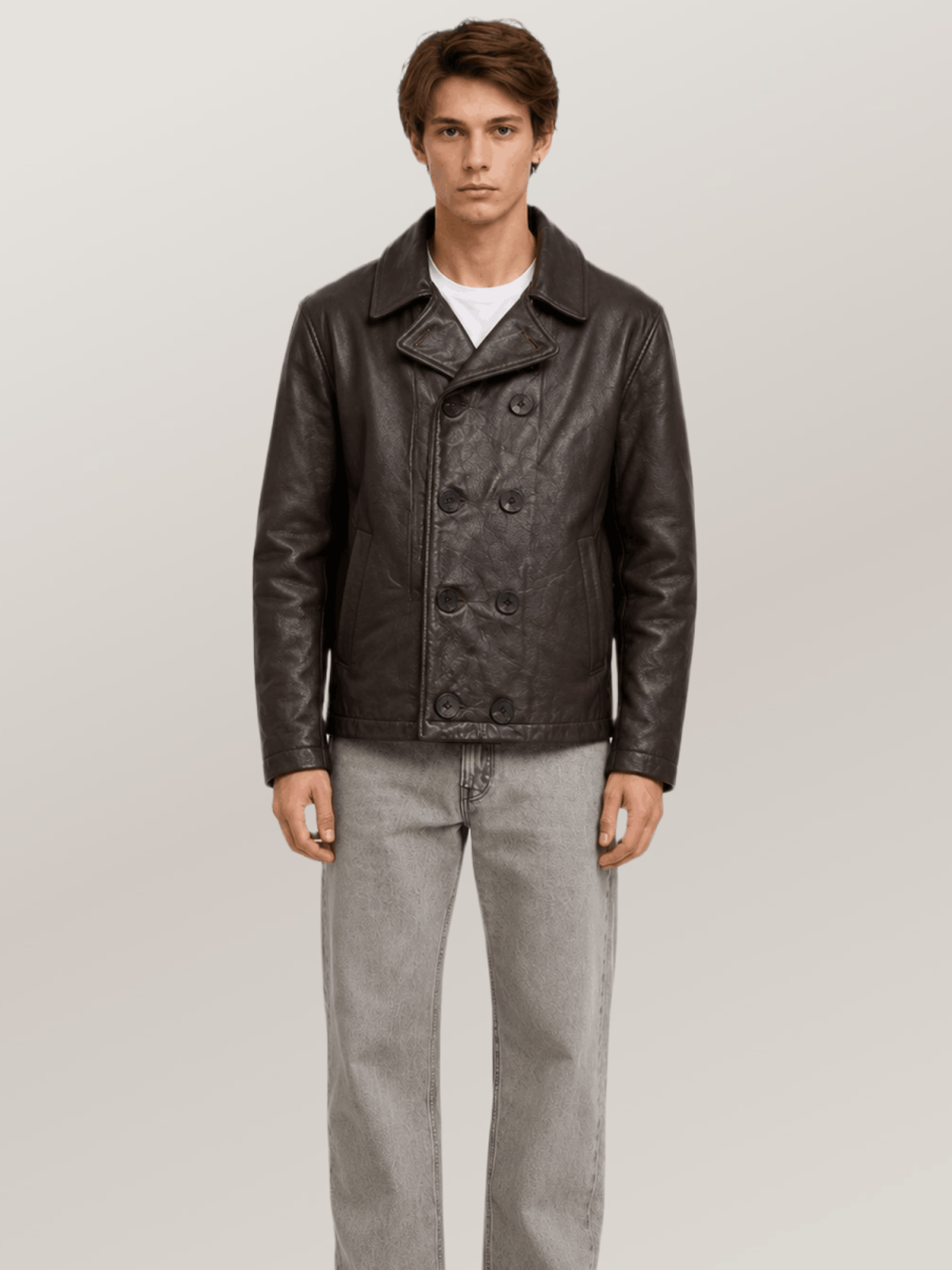 Men's Brown Naval Short Leather Peacoat