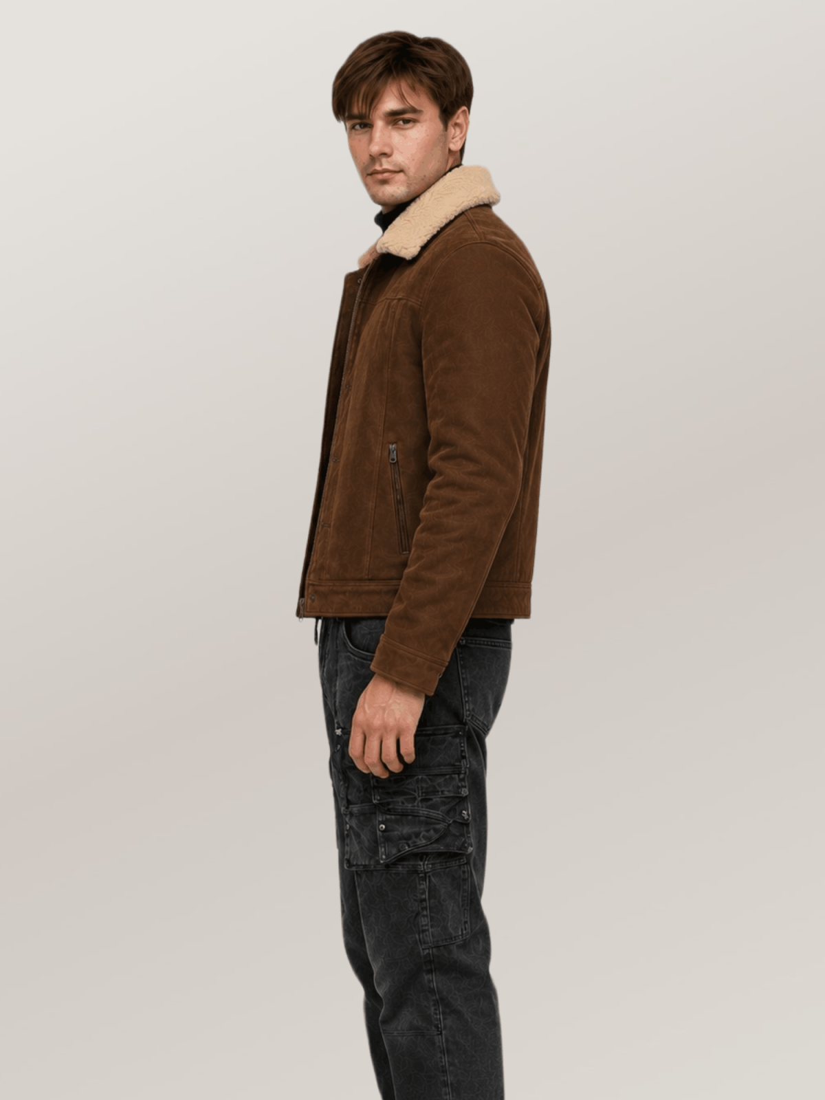Men's Brown Shearling Fur Suede Leather Jacket