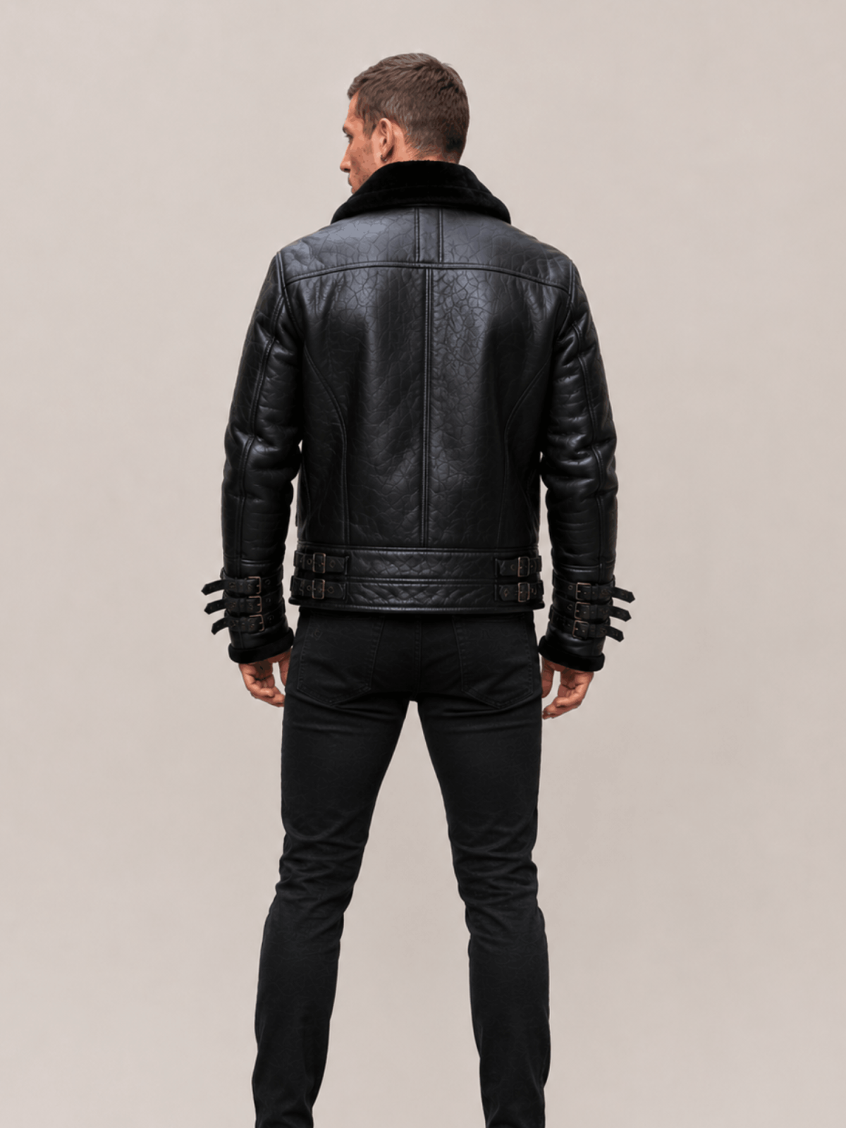 Men's Affliction Black Fur Collar Shearling Jacket