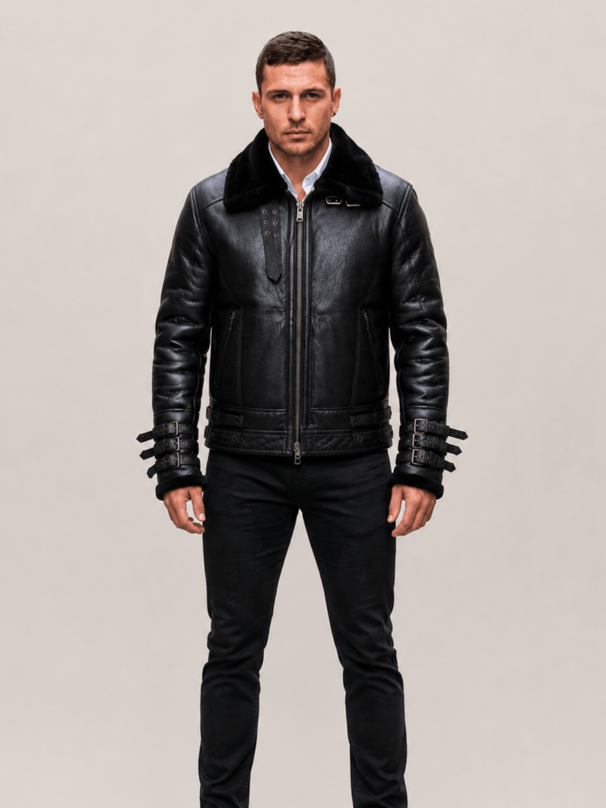 Men's Affliction Black Fur Collar Shearling Jacket