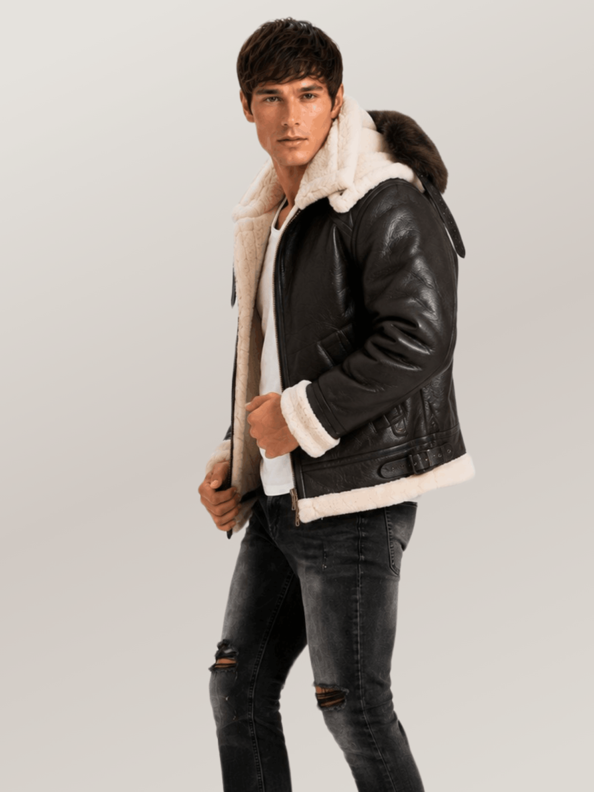 Men's All Black B-3 Hooded Sheepskin Bomber Leather Jacket