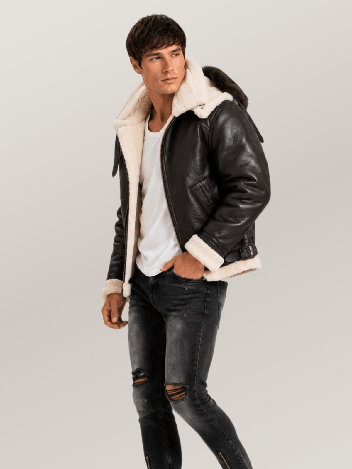 Men's All Black B-3 Hooded Sheepskin Bomber Leather Jacket